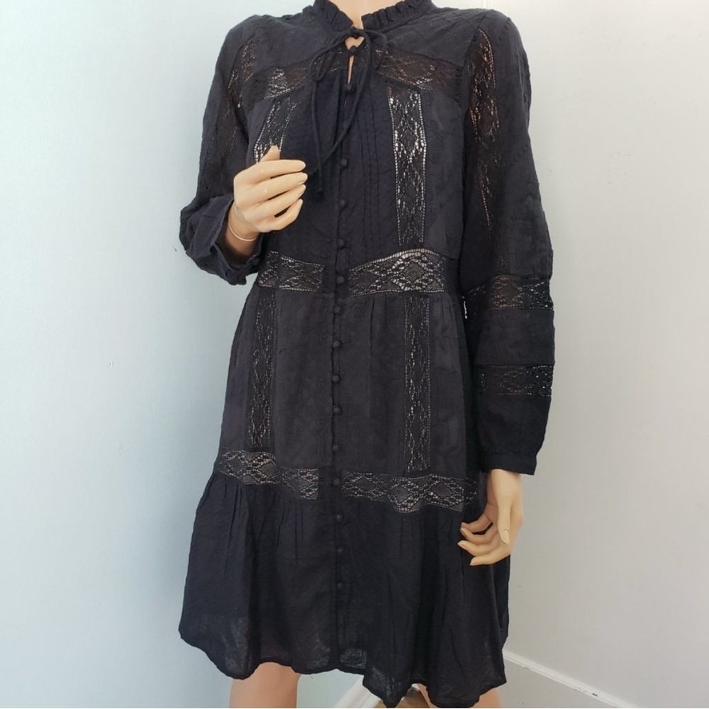 Sundance Small Black Textured Patchwork Lace Clarabelle‎ Dress Long Puff Sleeves